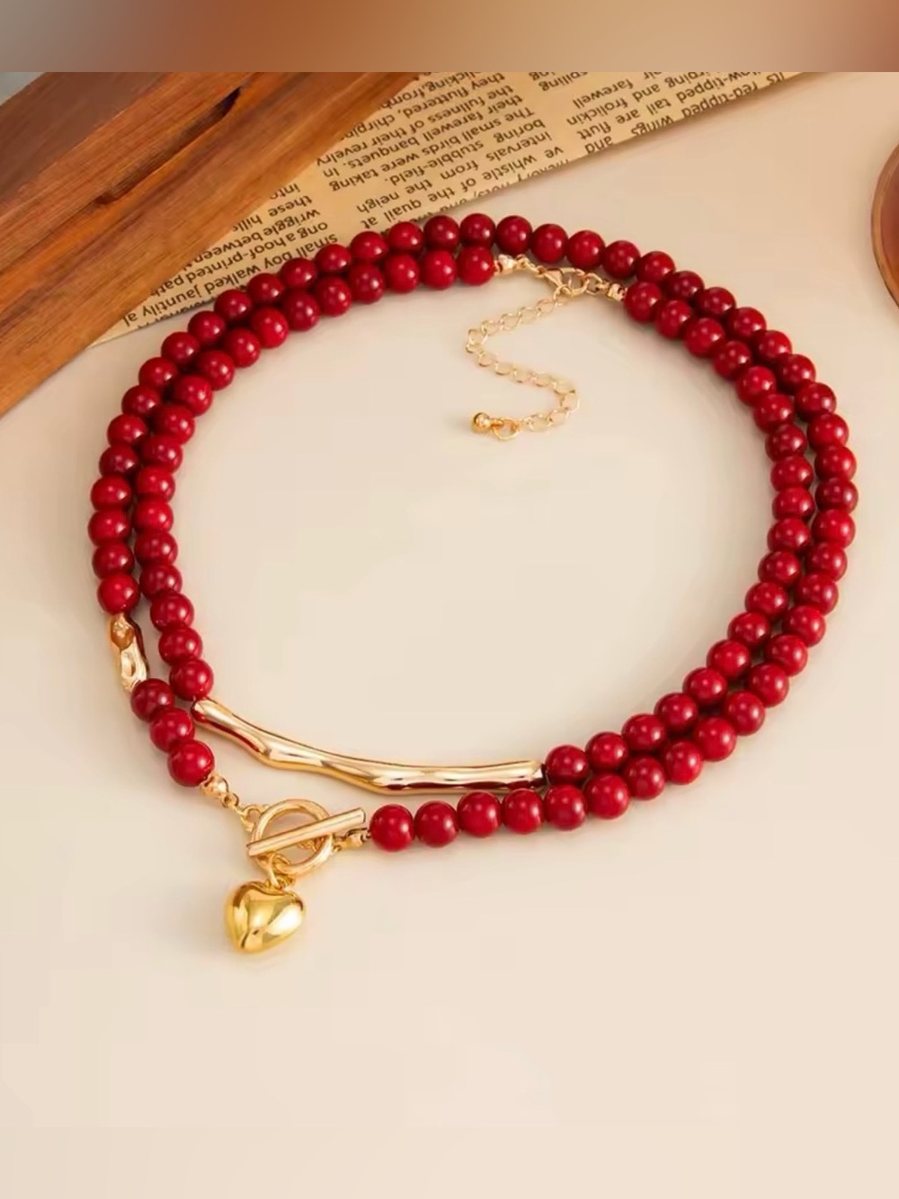 Beads Elegant Burgundy Beaded Necklace with Gold Accents - Jewelry